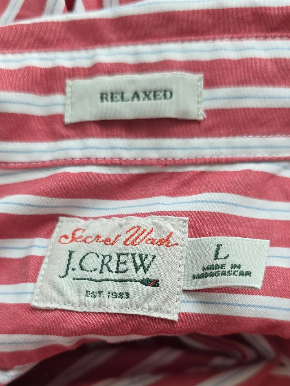 J. Crew Secret Wash Relaxed Striped Button-Down Shirt - Red & White Large G061